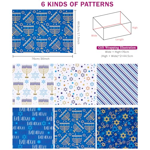 RUSPEPA Hanukkah Wrapping Paper Sheets, Star of David, Menorah, Happy Hanukkah and Stripe Design, Blue and Gold Gift Wrap for Christmas, Holiday, Birthday, 6 Folded Sheets, 19.68 X 27.5 Inch - color: Blue Hanukkah