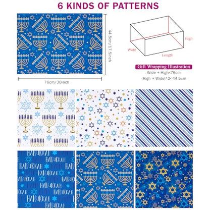 RUSPEPA Hanukkah Wrapping Paper Sheets, Star of David, Menorah, Happy Hanukkah and Stripe Design, Blue and Gold Gift Wrap for Christmas, Holiday, Birthday, 6 Folded Sheets, 19.68 X 27.5 Inch - color: Blue Hanukkah