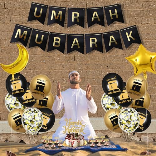 Umrah Mubarak Party Decoration Balloons - 33 Pcs Hajj Mubarak Black Gold Ramadan Eid Party Decorations Banners Star Moon Foil Balloon Cake Toppers for Happy Eid Muslim Islam Festival Decor Supplies