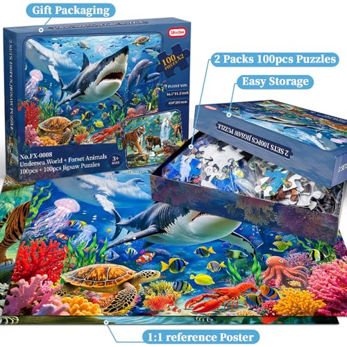 Sitodier Puzzles for Kids Ages 3 4 5 6, 2 Pack 100 Pieces Jigsaw Puzzles for Kids 3-5 4-6 (Forest Animals and Ocean Life), Learning & Educational Games Beautiful Xmas Birthday Gifts for Kid 3-8 - style: 2 Packs 100 Pieces Puzzles