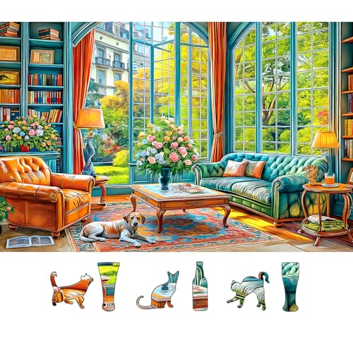 500 Piece Jigsaw Puzzle for Adults Living Room Library Scene with Dog Beautiful Puzzle with Letters on Back Ideal for Family Game Nights, Seniors & Home Decor (23x15in) - color: Living Room Library