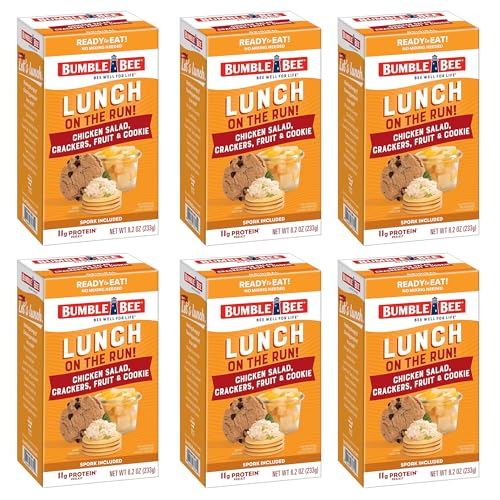 Bumble Bee Lunch On The Run Chicken Salad with Crackers Kit, 8.2 oz - Ready to Eat, Includes Crackers, Cookie & Mixed Fruit - Shelf Stable & Convenient Source of Protein (Pack of 6), Easy Open Cans - size: 8.2 oz (Pack of 6)
