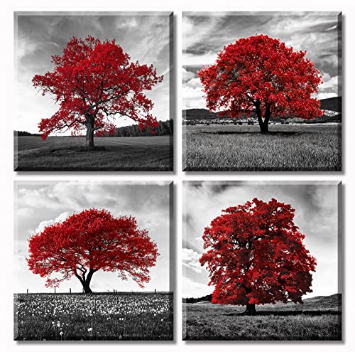 DJSYLIFE Modern Red Tree Wall Art, Black White Canvas Print for Living Room - color: Red-02, size: 12"L x 12"W x 4 Pieces