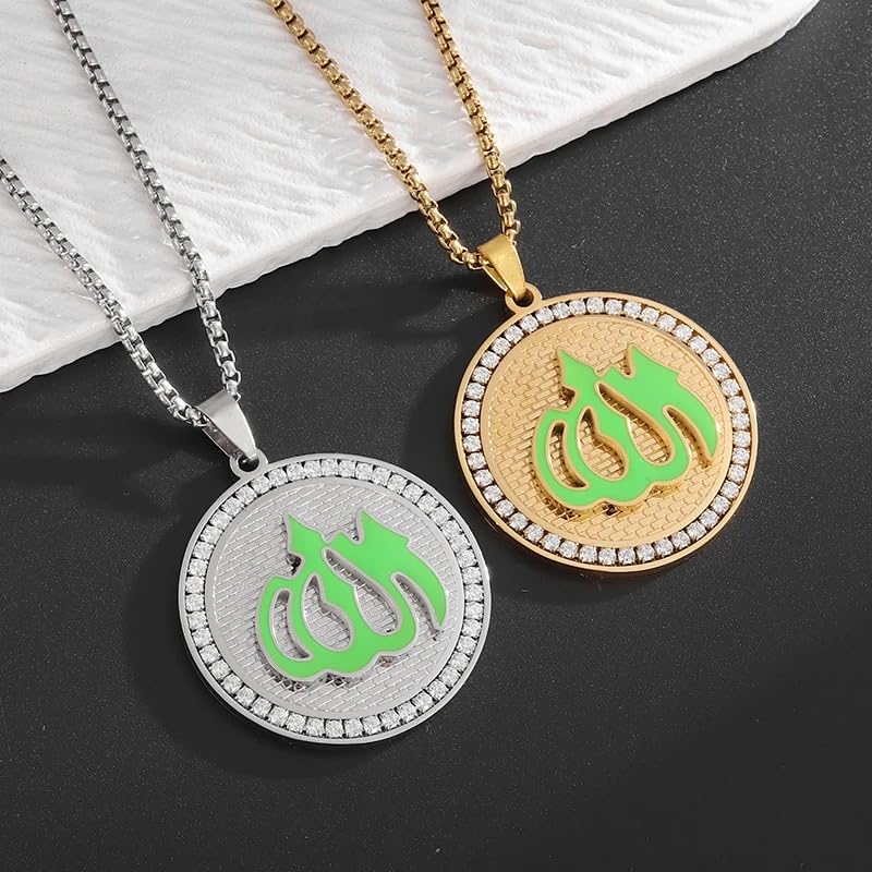 Stainless Steel Islamic Muslim Rune Allah Medal Pendant Necklace for Men Women Fashion Lucky Amulet Jewelry - color: silvery