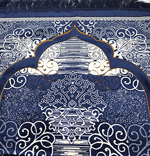 Modefa Prayer Mat | Turkish Velvet Muslim Prayer Rug Muslim Prayer Mat Islam | Soft Beautiful Prayer Rug Janamaz Sajjadah with Car Hanger | Classic Elegant Swirl (Navy Blue) - color: Navy Blue