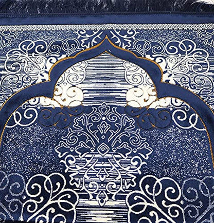 Modefa Prayer Mat | Turkish Velvet Muslim Prayer Rug Muslim Prayer Mat Islam | Soft Beautiful Prayer Rug Janamaz Sajjadah with Car Hanger | Classic Elegant Swirl (Navy Blue) - color: Navy Blue
