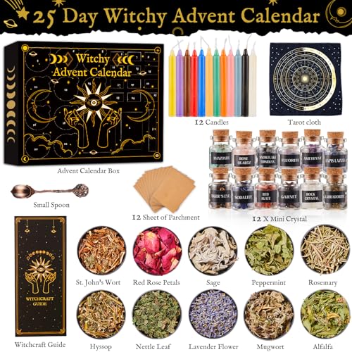 Witchy Advent Calendar 2025 Adult Teens, 25 Day Countdown to Calendar Witchcraft Supplies Crystal Candle Amethyst Altar Witch Gift Wiccan Starter Kit