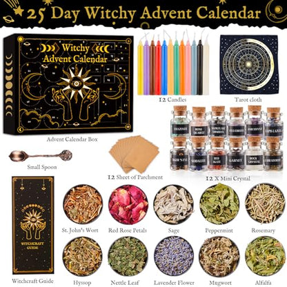 Witchy Advent Calendar 2025 Adult Teens, 25 Day Countdown to Calendar Witchcraft Supplies Crystal Candle Amethyst Altar Witch Gift Wiccan Starter Kit