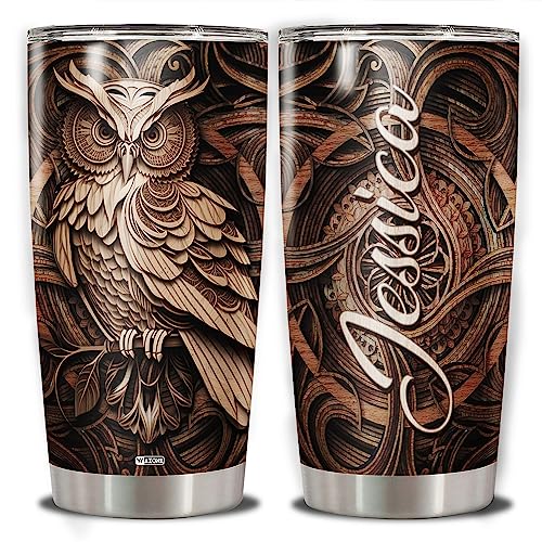 WAZONE Personalized Owl Tumbler Insulated Cup With Lid Wooden Drawings 20oz 30oz Stainless Steel Coffee Travel Mug Custom Name Customized Gifts Themed Animal For Men Women Teen Owls Lover - color: Owl