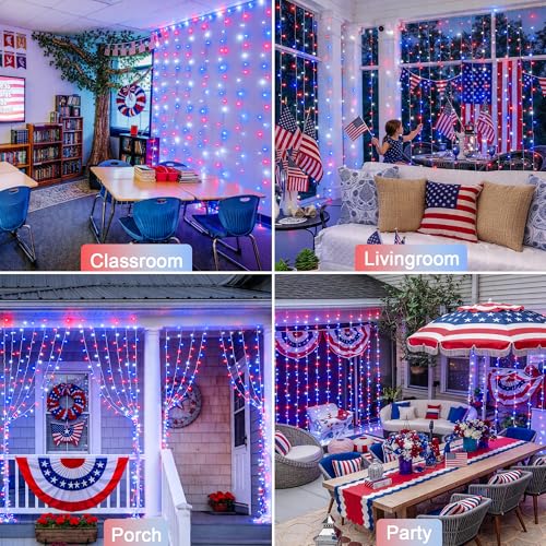 JMEXSUSS 300LED Red White & Blue Curtain Lights for 4th of July, 9.8x9.8ft - color: Red White and Blue, size: 300 LED