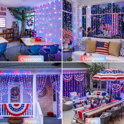 JMEXSUSS 300LED Red White & Blue Curtain Lights for 4th of July, 9.8x9.8ft - color: Red White and Blue, size: 300 LED