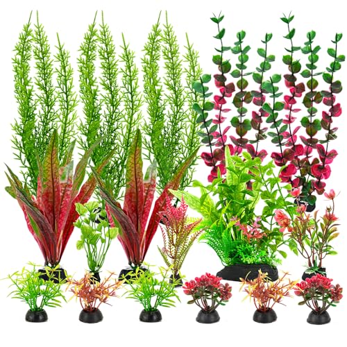 18Pcs Plastic Aquarium Plants, Weighted Base, Red Green Fish Tank Decor | Safe for betta and goldfish. Fresh and saltwater. Tall and short variety pack. Weighted bases hold firm.