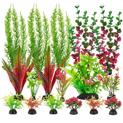 18Pcs Plastic Aquarium Plants, Weighted Base, Red Green Fish Tank Decor | Safe for betta and goldfish. Fresh and saltwater. Tall and short variety pack. Weighted bases hold firm.