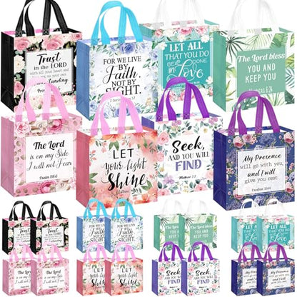 Riakrum 16 Pcs Religious Gift Bags Bulk for Women, Non Woven Christian Gift Bag with Handle, Reusable Flower Religious Baptism Bible Verse Tote for Eid Easter Catholic Theme Party Favors