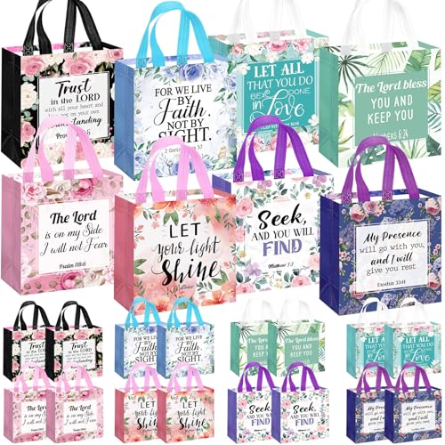 Riakrum 16 Pcs Religious Gift Bags Bulk for Women, Non Woven Christian Gift Bag with Handle, Reusable Flower Religious Baptism Bible Verse Tote for Eid Easter Catholic Theme Party Favors