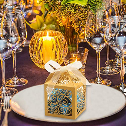 KPOSIYA 70 Pack Wedding Favor Boxes Laser Cut Boxes Party Favor Box Small Gift Boxes Lace Candy Boxes for Wedding Bridal Shower Baby Shower Birthday Party Anniverary with Ribbons (Gold, 70) - color: Gold 70