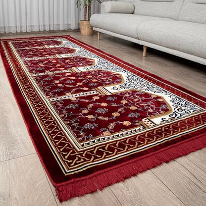 Modefa Turkish Islamic Prayer Rug - Multi Person Janamaz Sajada for Family or Large Gathering & Group Praying Carpet - Wide Plush Velvet Praying Mat (Long 5 Person Red) - color: Long Red