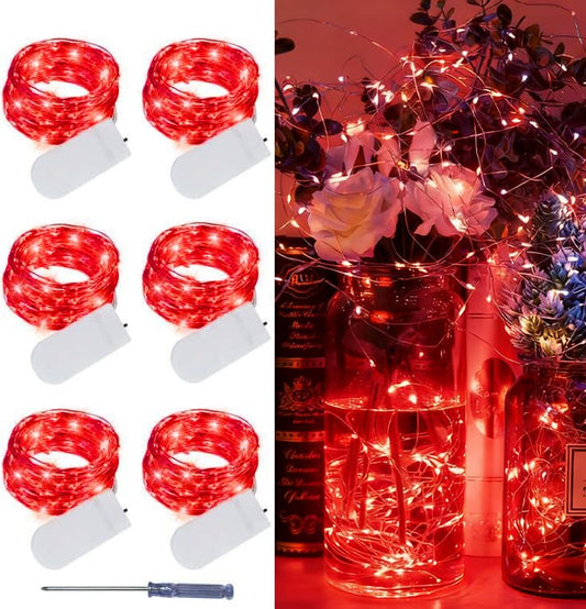 LAMPHOME 6 Pack Red Valentine's Fairy Lights Battery Operated (Included), 7 ft 20 LED Mini String Lights, Waterproof Silver Wire Firefly Starry Light for DIY Wedding Party Mason Jars Decor - color: Red, size: 6 PACK