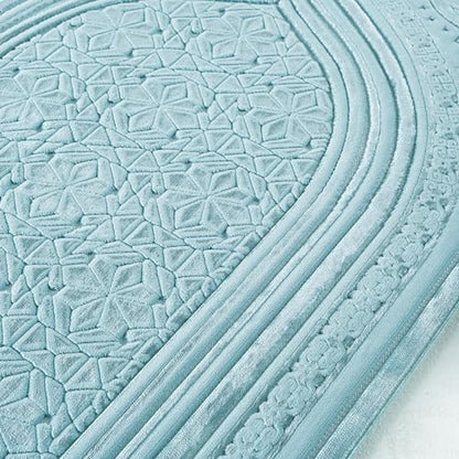 Modefa Luxury Velvet Islamic Prayer Rug - Muslim Janamaz Sejadah 5 Piece Ramadan Gift Set (Light Blue)