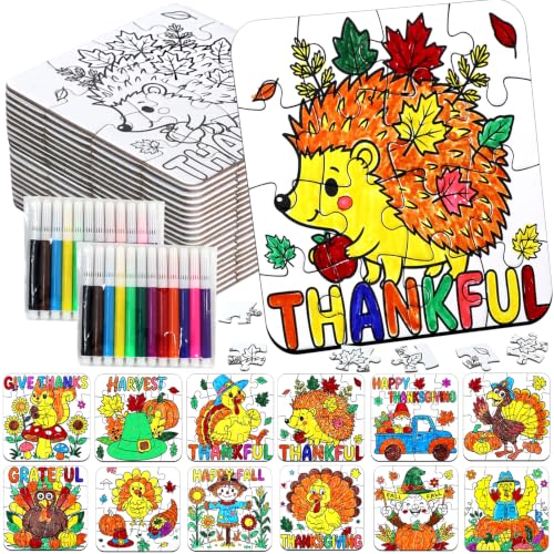 24Set Fall Thanksgiving Crafts for Kids Toddlers Adults, Thanksgiving Art Craft DIY Kit Blank Puzzle Pumpkin Turkey, Autumn Classroom Activities for Party Favors Gift Coloring Games Toys Supplies Bulk - color: Fall Thanksgiving Turkey Colorful