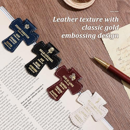 4 PCS Cross Shaped PU Leather Magnetic Bookmarks, Christian Bible Verse Clips with Gold Foil Stamping & Faith Quotes, Leather Book Markers, Religious Gift for Readers, Students & Church Members - style: Christian Bible Verse