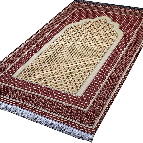 Modefa Turkish Islamic Prayer Mat Janamaz Sajjadah | Thin Woven Cotton Praying Rug Ramadan Eid Gift | Traditional Muslim Sejada for Men Women - Hira Diamond (Red) - color: Red