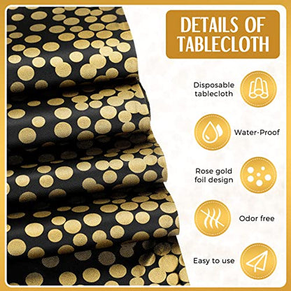 Breling 8 Pack New Year Black and Gold Disposable Plastic Tablecloths and Satin Table Runner Set, 54 x 108 Inch Tablecloth, 12 x 108 Inch Table Runners for Wedding Graduation Birthday Baby Shower - color: Black and Gold