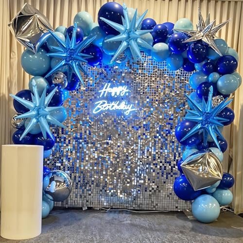 Blue Silver Star Balloons, 6PCS 22 Inch Foil Explosion Star Balloons - color: Dark Blue Silver Blue