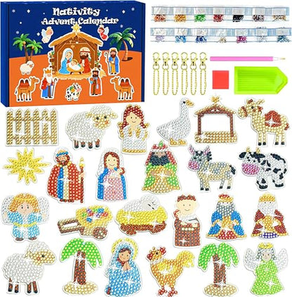Nativity Sence Diamond Painting Advent Calendar 2026,24pcs Nativity Diamond Art Keychains,Christmas Countdown Calendar DIY Crafts,Christian Religious Gifts