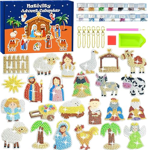 Nativity Sence Diamond Painting Advent Calendar 2026,24pcs Nativity Diamond Art Keychains,Christmas Countdown Calendar DIY Crafts,Christian Religious Gifts
