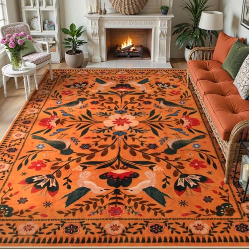 Moynesa Area Rugs 9x12 Fall Home Decor, Bohemian Scandinavian Modern Country Aesthetic Floral Bird Medallion Carpet for for Living Room Bedroom Dining Room,Non-Slip Washable Floor Protection - color: Orange, size: 9' x 12' (Rectangular)
