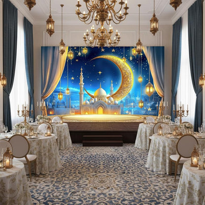 JAWO 7X5ft Ramadan Eid Mubarak Backdrop Banner, Ramadan Mubarak Photography Backdrop Night Lantern Moon Star Castle Islamic Muslim Eid Party Decoration Supplies Banner Photo Booth Prop