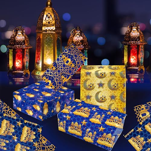 Welpurch 12 Sheets Eid Mubarak Wrapping Paper, 20x27in Moon Star Words Lantern Patterns Gift Wrap Paper Ramadan Kareem Wrapping Paper for Islamic Muslim Party Favor Gift Wrapping Crafts Supplies