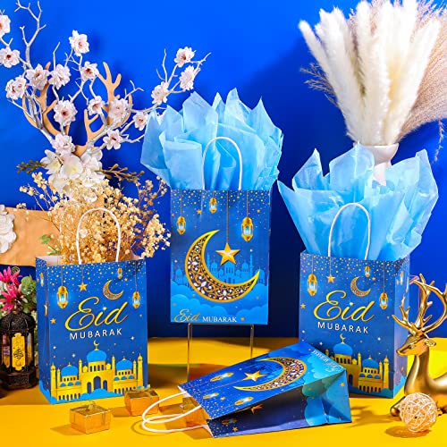 Censen 16 Sets Eid Mubarak Gift Bags with Tissue Paper, Ramadan Goodies Bags for Ramadan Party Supplies Favor (Blue) - color: Blue