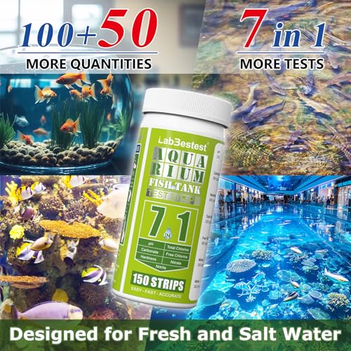 Aquarium Test Strips Fish Tank Pond Water Testing Kit (7-Way) | 150 Fish Bowl Tester Strips for Freshwater Saltwater - Rapid Accurate Easy to Test pH, Hardness, Nitrate, Nitrite and More