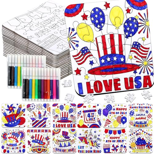 24 Sets 4th of July Patriotic Crafts for Kids, Independence Day Crafts Activities DIY Puzzle Kits Red White Blue Flag Star Memorial Day Jigsaw Painting Arts for Party Favors Gift Supplies Coloring Toy - color: 4th of July Colorful