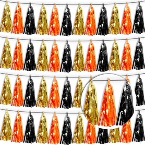 4P Orange Gold Black Tassel Banner Garland Metallic Foil Fringe Banner Tinsel Tassels Streamer Banner Backdrop for Parade Floats, Graduation Decorations, Halloween, Christmas Decorations - color: Black Gold Orange