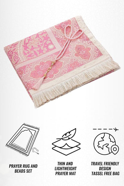 ihvan online Muslim Prayer Rug with 99 Beads Tasbih, Soft Chenille Sajadah, Lightweight & Foldable Janamaz, Portable Travel Prayer Mat, Islamic Gift for Eid, Ramadan, Hajj & Umrah, Fuchsia - color: Fuchsia