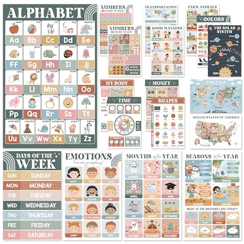 BEAWART Educational Posters for Preschool, Pack 18 Modern Boho Charts