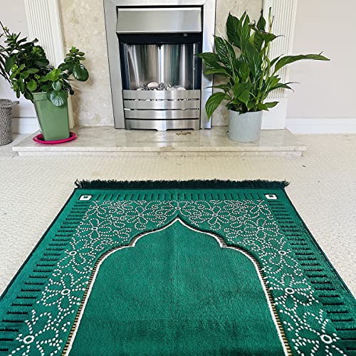 Mihrab Patterned Original Luxury Velvet Prayer Mat/Rug- 750g Weight | Made in Turkey (Parliament Green) - color: Parliament Green
