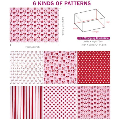 RUSPEPA Valentine's Day Wrapping Paper Sheets, Red and Pink Heart, Bow, Stripe and Plaid Design, Romantic Gift Wrap for Girls, Birthday, Anniversary, Bridal Shower, 6 Folded Sheets, 19.68 X 27.5 Inch - color: Romantic Design