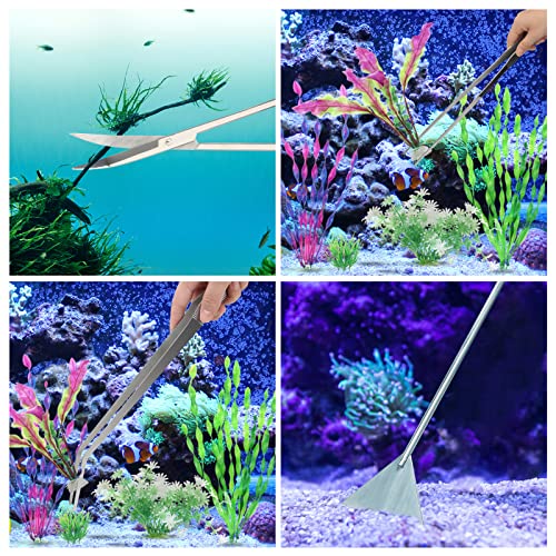 15" Aquarium Aquascape Tools Kit 4P Stainless Steel Aquascaping Set | 4in1 Extra Long Full Metal Design, Scissors, 2P Tweezers And Sand Spatula, For Trimming Plants, Arranging Sand And Aquascape - color: Silver