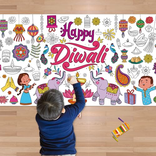 OHOME Diwali Giant Coloring Poster/Tablecloth - Diwali Decorations for Home - 30 x 72 Inches Jumbo Coloring Banner Kids Crafts Activities Decor Party Decorations | Diwali Gifts - style: Diwali