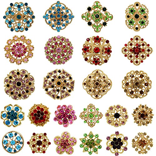 24 Pcs Rhinestone Crystal Flower Brooches Set Bulk, Mixed Color Gold Tone Floral Pins for Women DIY Wedding Bouquet, Hijab Scarf Lapel Sweater Cardigan Dress Hat Bag Coat
