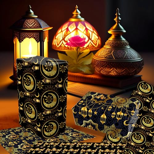 WGOCAUK 12 Sheets Eid Mubarak Wrapping Paper, 20x27in Moon Star Words Lantern Patterns Gift Wrap Paper Ramadan Kareem Wrapping Paper for Mubarak Party Gift Wrapping Supplies (Black) - color: Black