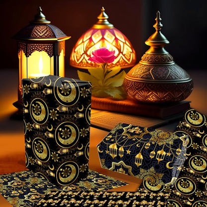 WGOCAUK 12 Sheets Eid Mubarak Wrapping Paper, 20x27in Moon Star Words Lantern Patterns Gift Wrap Paper Ramadan Kareem Wrapping Paper for Mubarak Party Gift Wrapping Supplies (Black) - color: Black
