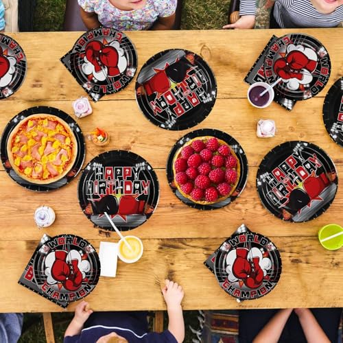 Grencian 96Pcs Boxing Birthday Party Supplies World Champion Plates and Napkins Fight Sports Wrestling Tableware Set for Boxing Birthday Party Supplies Serves 24 - style: Boxing Birthday
