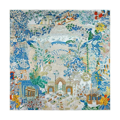 ANDANTINO 100% Silk Scarf 43" Large Square Shawl Women Hair Wraps-Gift Packed - color: Beige&blue