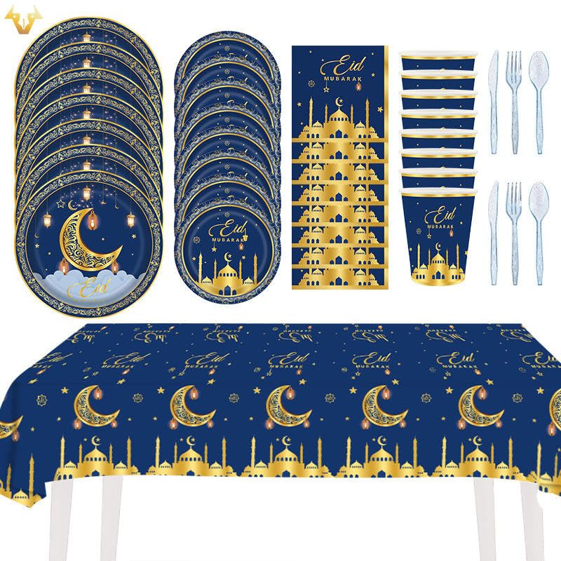 Generic Eid Mubarak Ramadan Mubarak Plates, Cups, Napkins party pack, Disposable Paper Tableware, Islamic Party Dinnerware, Eid Decoration, Blue and Gold