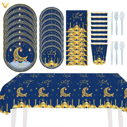 Generic Eid Mubarak Ramadan Mubarak Plates, Cups, Napkins party pack, Disposable Paper Tableware, Islamic Party Dinnerware, Eid Decoration, Blue and Gold